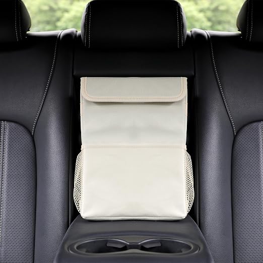 AOKJOY Car Garbage can with lid Leak Proof Vehicle Trash Can 3 Storage Pockets Hanging Waterproof car Trash Bag for SUV Beige