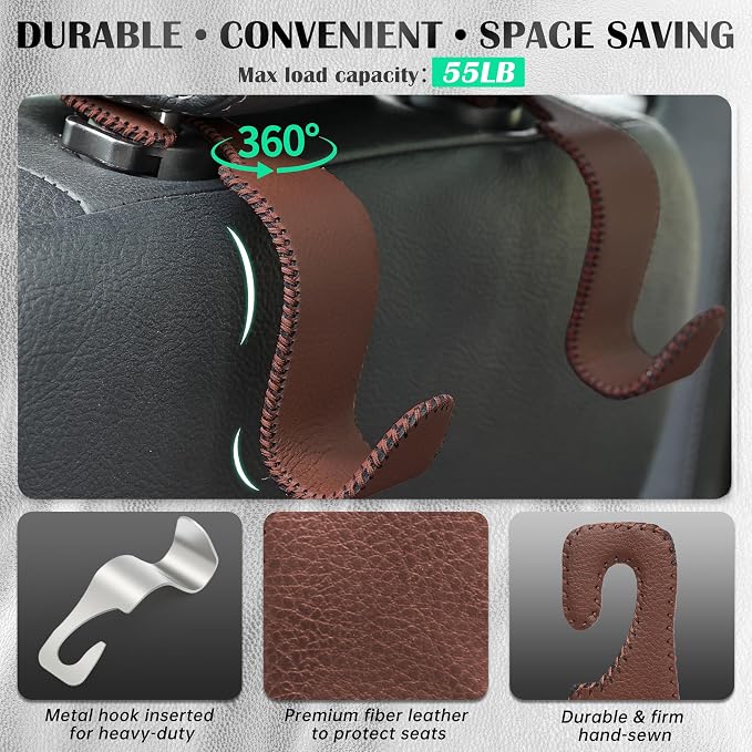 Amooca Car Seat Headrest Hook Universal Vehicle Storage Hanger Leather with Metal Car Seat Back Organizer for Handbag Purse Coat Brown 2 Pack