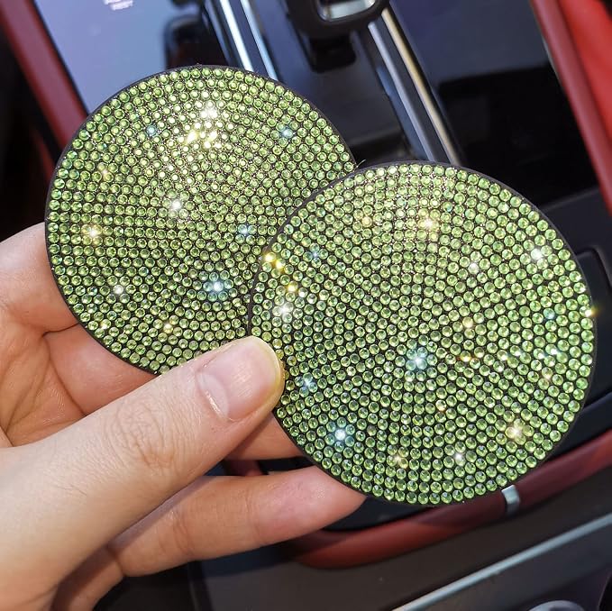 NBTEPEM 2pcs Bling Car Cup Holder Coaster, 2.75 inch Anti-Slip Shockproof Universal Fashion Car Coasters Insert Bling Crystal Rhinestone Automotive Interior Accessories for Women (2 pcs, Light Green)