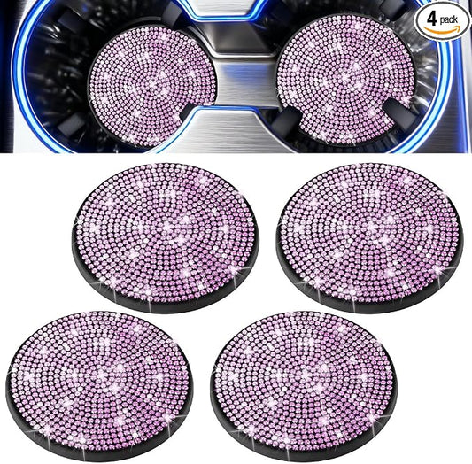 BFXM 4 PCS Bling Cup Holder Coaster, 2.75 inch Diamond Universal Non-Slip Silicone Cup Holder Coasters, Sparkly Bling Car Accessories for Women (Pink)