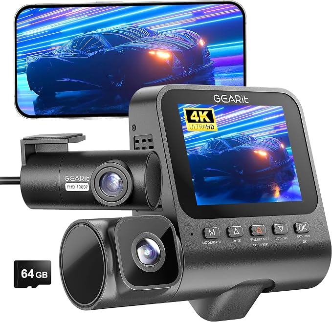 GEARit 3 Channel Dash Cam, 4K Front and Rear Dash Camera for Cars with Interior Camera, Triple Dashcam Front and Back, Night Vision, Loop Recording, Parking Mode Ready, 24-Month Warranty