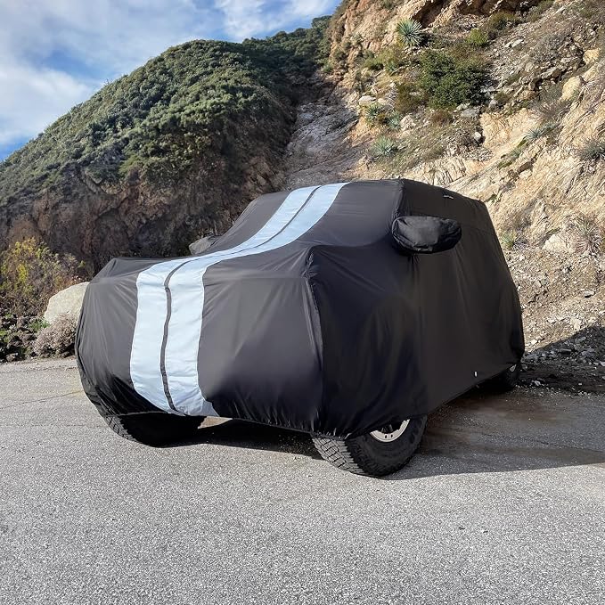 iCarCover Premium Heavy Duty SUV Car Cover - Waterproof All Weather Rain Snow UV Protection, Trax, 500L, 500X, Blazer S10 2-Door, HR-V, Wrangler 2-Door, Size S55 (See Size Chart), Stripe - Black/Gray