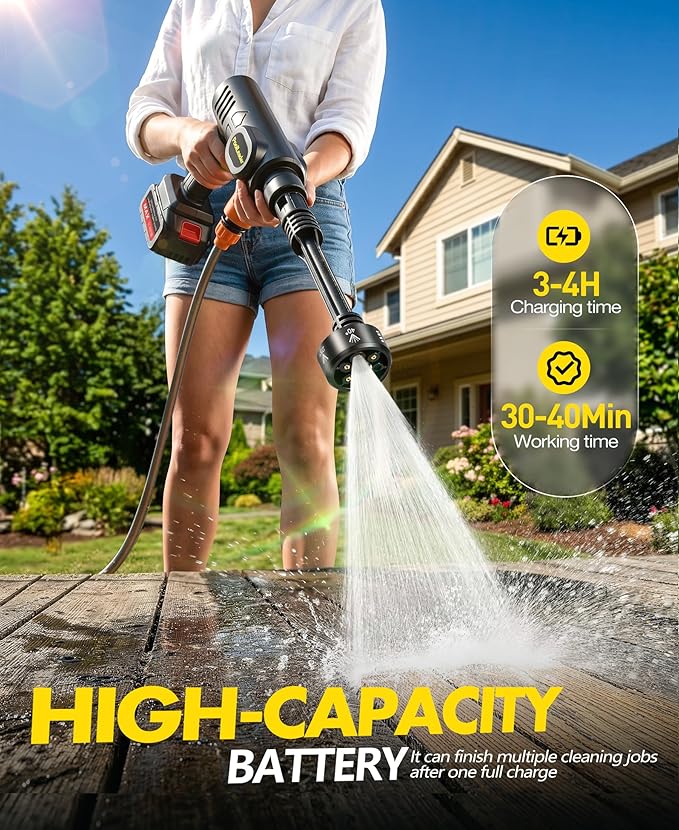 PoolLeader Cordless Car Cleaning Tool with 6-in-1 Nozzle & Foam Cannon | Lightweight Portable Design, Battery Operated Cordless Car Wash Spray, Handheld Wash Machine for Car, Patio, Home - Yellow