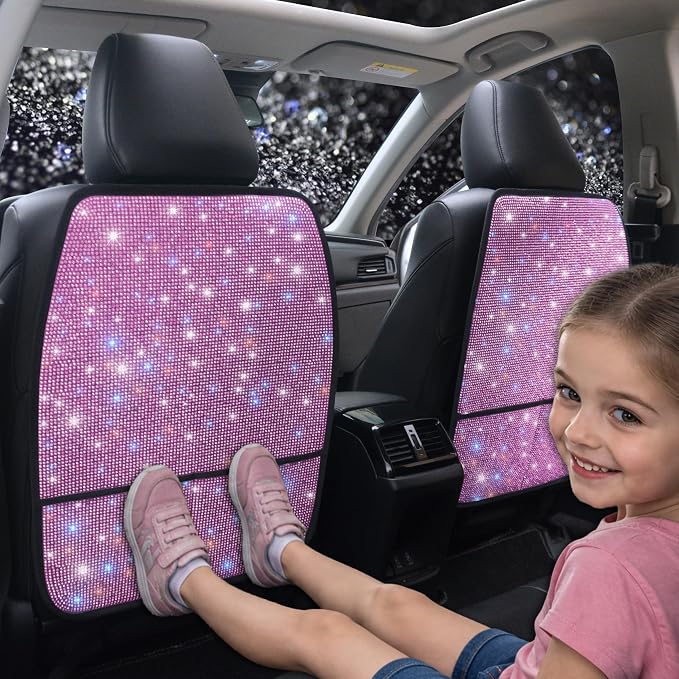 Bling Kick Mats for Car Seats with Pockets – Crystal Diamond Protectors for Girls & Women, Easy-to-Install Backseat Kick Mats with Storage & Sparkling Rhinestones Pink 2pcs