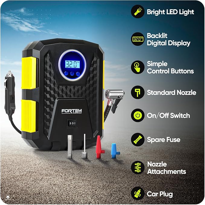FORTEM Tire Inflator Portable Air Compressor, Air Pump for Car Tires and Bikes, Car Tire Pump w/Auto Shut Off, 150 PSI, 12V DC, LED Light, Carrying Case, Perfect For Men, Women