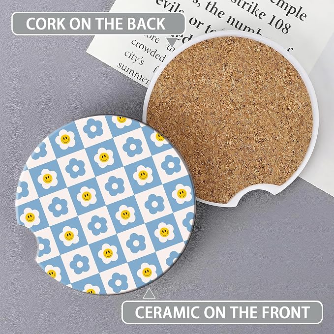 Retro Checkered Groovy Car Cup Coaster 2 Pack,70s Smiling Daisy Absorbent Ceramic Coaster for Women Men,Drink Car Cup Holders Interior Assecories,Universal 2.56" with Finger Notch & Cork Base