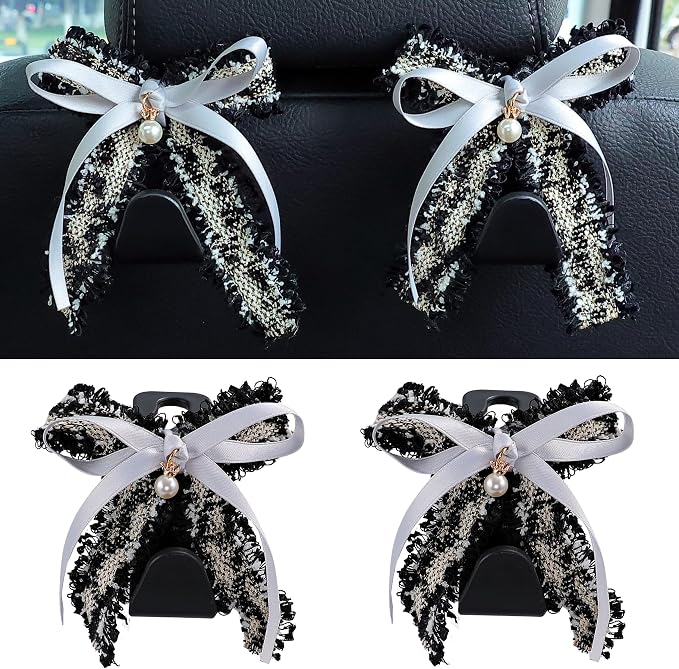 Amooca Car Seat Headrest Hook Cute Bowknot Vehicle Hanger Car Storage Organizer for Handbag Purse Coat Grocery Bag Black Grey