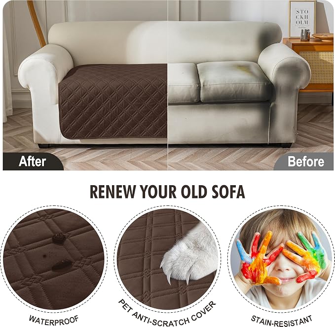Genina Waterproof Couch Cover, Washable Anti-Slip 67 inch Sofa Covers with 3 Cushions, Sectional Couch Covers for Pets Friendly, Sofa Slipcovers for Dogs Cats, (67inch/Chololate)