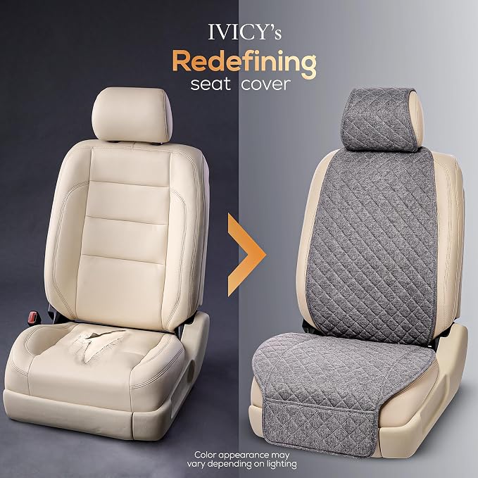 IVICY Faux Linen Front Car Seat Cover – Non-Slip Bucket Seat Protector for Most Cars, SUVs, Vans & Trucks – 1 Seat Cover, Machine Washable, Side-Airbag Friendly, Cool Gray