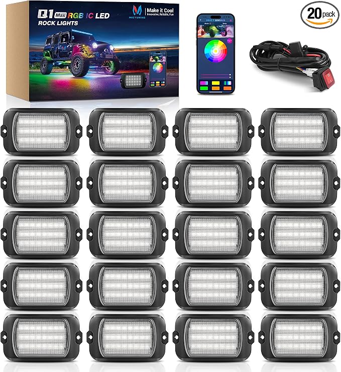 MICTUNING Q1+ MAX 20 Pods Ultra-Bright RGB Rock Lights, Multi-Color Chasing Underglow Lighting, Extensible to 24 Pods, APP Music Sync & DIY Effects, IP68 Waterproof