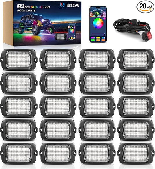 MICTUNING Q1+ MAX 20 Pods Ultra-Bright RGB Rock Lights, Multi-Color Chasing Underglow Lighting, Extensible to 24 Pods, APP Music Sync & DIY Effects, IP68 Waterproof