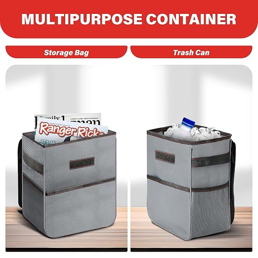 Healsmart 2 Gallon Car Trash Can Lid and Storage Pockets, Leak-Proof Collapsible and Portable Organizer, Multipurpose Garbage Bin with Adjustable Straps, Grey