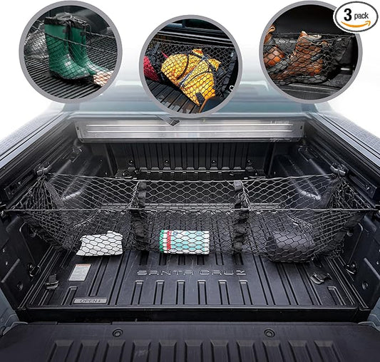 3 Pocket Style Elastic Trunk Cargo Net for Hyundai Santa Cruz 2022-2025 - Premium Trunk Organizers & Storage - Cargo Net for Pickup Truck Bed - Truck Bed Divider - Car Organizer for Pickup