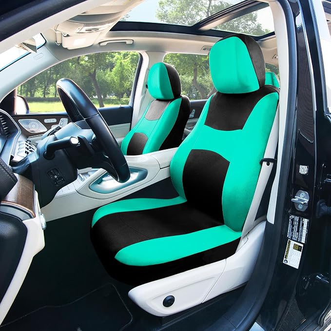 FH Group Universal Automotive Seat Covers Full Set | Light & Breezy Flat Cloth Washable Car Seat Cover for SUV, Sedan, Truck | Airbag Compatible Interior Upgrade - Mint/Black