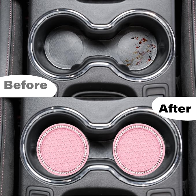 BFXM 2 PCS Bling Cup Holder Coasters for Car, 2.75 inch Diamond Universal Non-Slip Pink Silicone Cup Holder Coasters, Sparkly Bling Car Accessories for Women(White Diamond)
