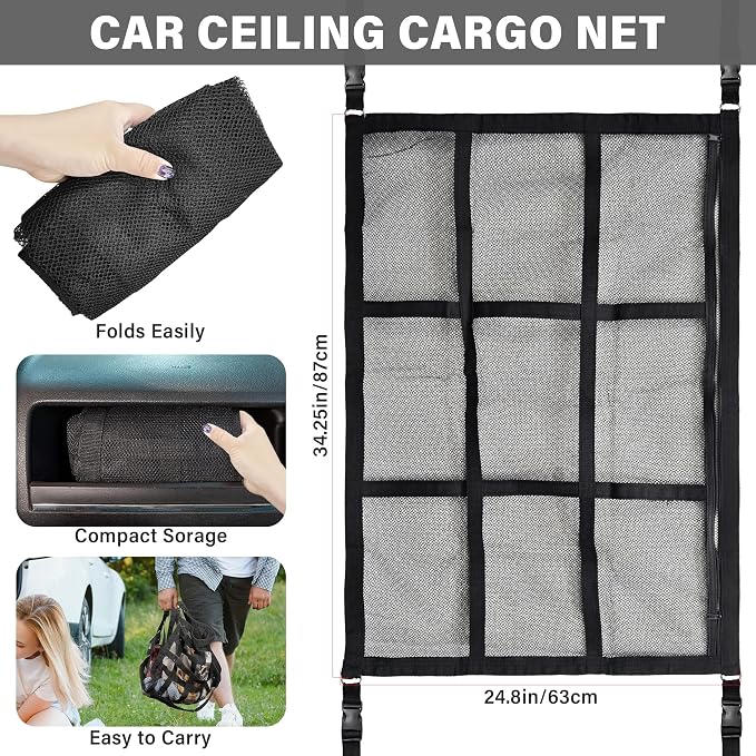 Car Ceiling Cargo Net, 35.5"x25.6", Double Layer Car Roof Storage Organizer, Truck Netting, SUV Van Interior Accessories, Cars Camping Essentials