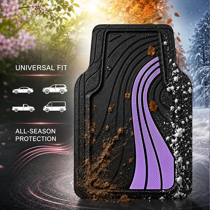 Road Comforts Car Floor Mats Full Set – Front & Rear Car Floor Mats with Aluminum Design, Anti-Slip Backing, All-Weather Protection, Trim-to-Fit Car Mats for Most Sedans, SUVs & Vans - Lighet Purple