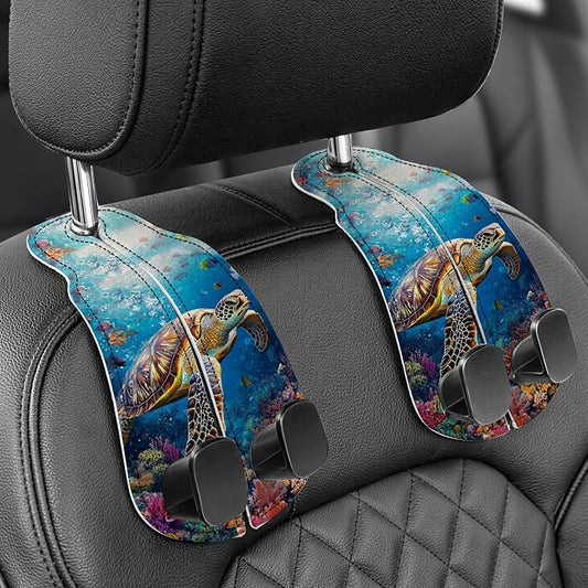 WOCOCN Purse Holder for Car, 2 Pack Heavy Duty Purse Hanger for Car, PU Leather Car Seat Hooks for Purses and Bags, Cute Turtle Headrest Organizer for Handbags & Backpacks