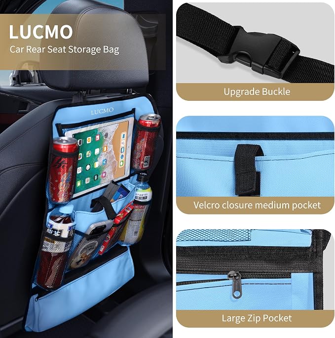 LUCMO Car Backseat Organizer with Touch Screen Tablet Holder, Light Blue | 2 Pcs,9 Storage Pockets,Clear Tablet Holder,Protectors Kick Mats,Travel Accessories,Seat Cover,Road Trip Essentials