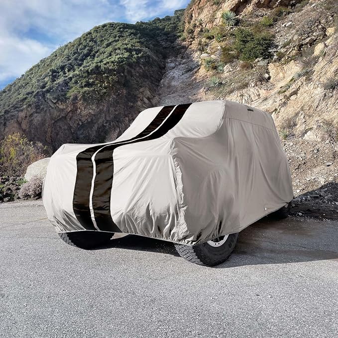 iCarCover Premium Heavy Duty SUV Car Cover - Waterproof All Weather Rain Snow UV Protection, CJ-5, Wrangler, FJ40, Tracker 2-Door, Sidekick 2-Door, Size S56 (See Size Chart), Stripe - Light Gray/Black