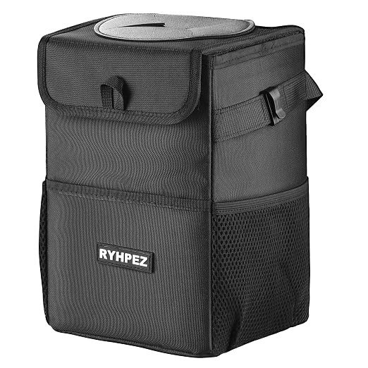 Ryhpez Car Trash Can with Lid - Leakproof Trash Bin Car Garbage Can, Collapsible Automotive Truck Organizer and Storage Bag Car Accessories for Women Men Road Trip Essentials