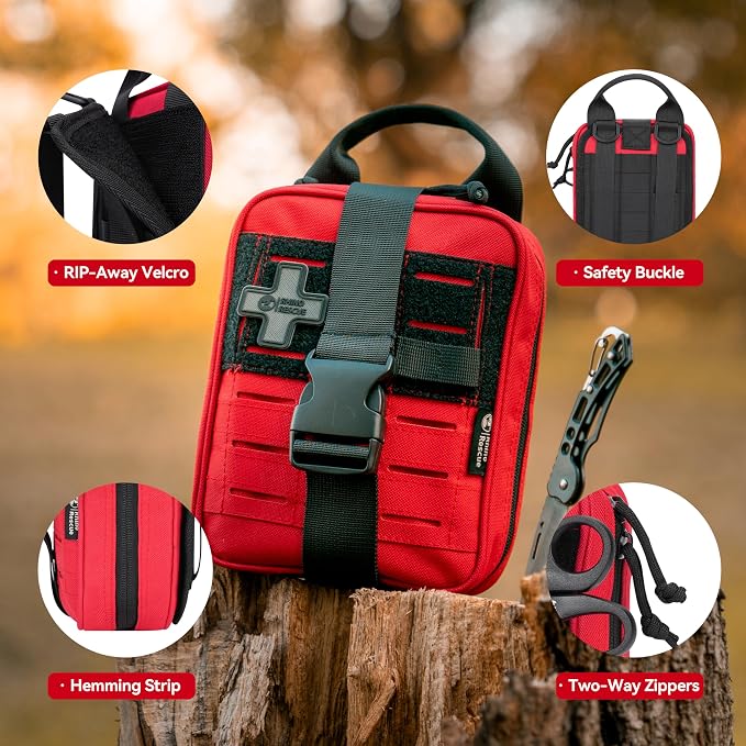 RHINO RESCUE Survival First Aid Kit for Hiking, Backpacking | Portable Size, IFAK Molle Pouch, Essential Outdoor Gear, 100+ First Aid Supplies, 20+ Survival Essentials, HSA/FSA Approved