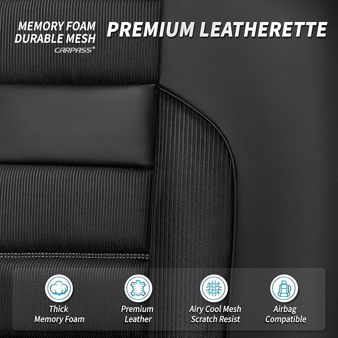 CAR PASS Memory Foam Car Seat Covers, Bench Seat Covers with 3D Thick Memory Foam, Luxury Breathable Airy Cool Rear Seat Covers, Automotive Comfort for Most Cars, Van,Trucks, SUVs(Rear,Black)