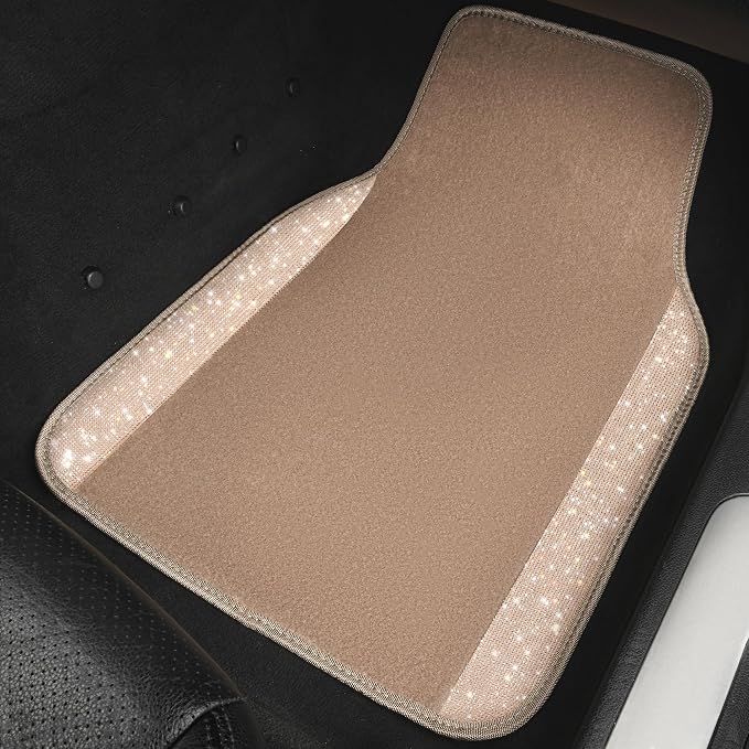 CAR PASS Bling Car Mats Shining Diamond Carpet Crystal Rhinestones Sparkly Glitter Floor Mats with Anti-Slip PVC Heel Pad Universal Fit for Automotive SUV, Sedan, Car, Van, 4pcs for Girl Women, Beige