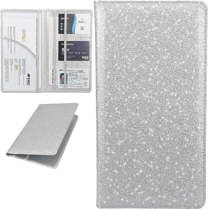 Car Registration and Insurance Holder, Bling Premium Pu Leather Vehicle Glove Box Organizer, Prefect Leather License Registration Holder for Driver License, Cards & Essential Documents (Silver)