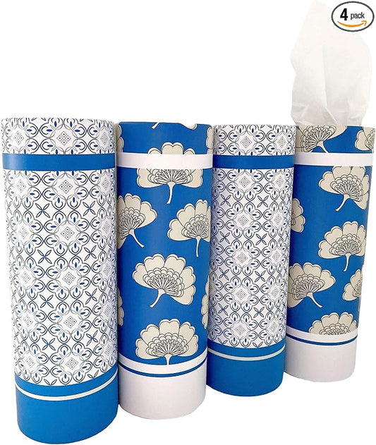 Car Tissues Holder with Facial Tissues - 4 PK - Travel Tissue Tubes Box Container Perfect Fit for Car Cup Holder Car Tissues Cylinder (Blue)