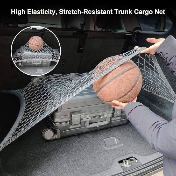 SUV Trunk Cargo Net 27.5x19.6 Inch Elastic Mesh with ABS Hooks Gray | Durable elastic mesh with ABS hooks, stretches to 49x43" fits most vehicles, tool-free install, keeps cargo stable