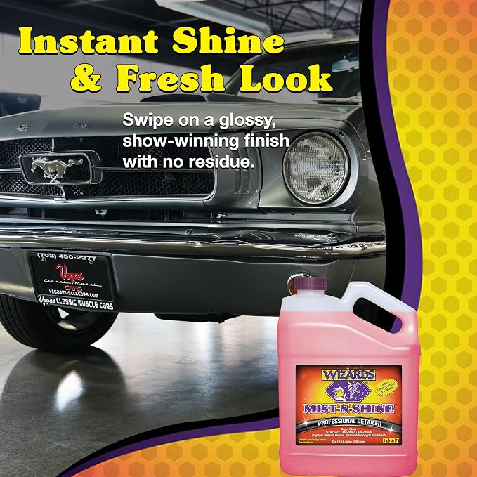 Wizards Mist-N-Shine Quick Detailer Spray - Waterless Wash - 1 Gallon | Anti-Static Formula for Paint, Chrome, Glass, Plastic, and Rubber Trim, Wax-Free, No Petroleum Solvents, Cars, Bikes, Boats
