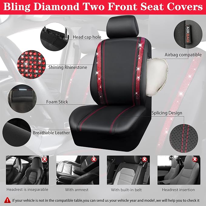 CAR Pass Bling Car Seat Covers Full Set, Shining Rhinestone Diamond Waterproof Faux Leather, Rear with Zipper, Universal Fit Automotive Glitter Crystal Sparkle Strips for Women Girl, Black Red