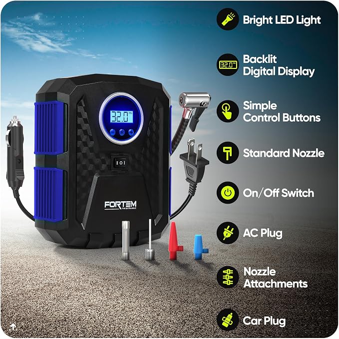FORTEM Tire Inflator Portable Air Compressor, Air Pump for Car Tires and Bikes, Car Tire Pump w/Auto Shut Off, 150 PSI, 110V AC 12V DC, LED Light, Carrying Case, Perfect For Men, Women