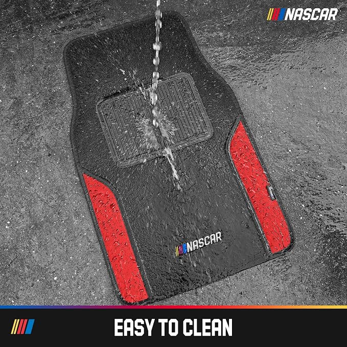 NASCAR Car Floor Mats, Carpet & Red Leather Design Car Mats, Universal-Fit All-Weather Car Floor Mats with Built-in Heel Pad & Anti-Slip Backing, Durable Odorless Automotive Interior Accessories