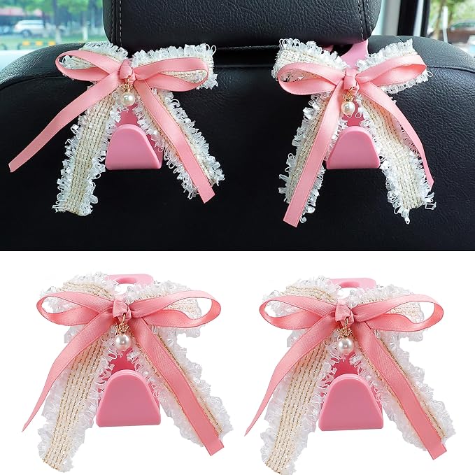 Amooca Car Seat Headrest Hook Cute Bowknot Vehicle Hanger Car Storage Organizer for Handbag Purse Coat Grocery Bag Pink White