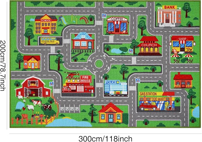 Kids Carpet Playmat Rug 118"x78.7", Car Rug for Kids Cars, Non-Slip Town City Road Map Kids Rugs for Playroom Bedroom Boys, Kids Cars Play Mat Track Road Rugs for Kid (118X78.7Inch,Green)