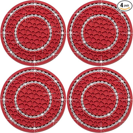 4PCS Bling Crystal Rhinestone Cup Holder Coaster, 2.75 inch Soft Silicone Anti-Slip Shockproof, Car Cup Holder Insert Coasters, Universal Car Interior Accessories for Women (Red & White)
