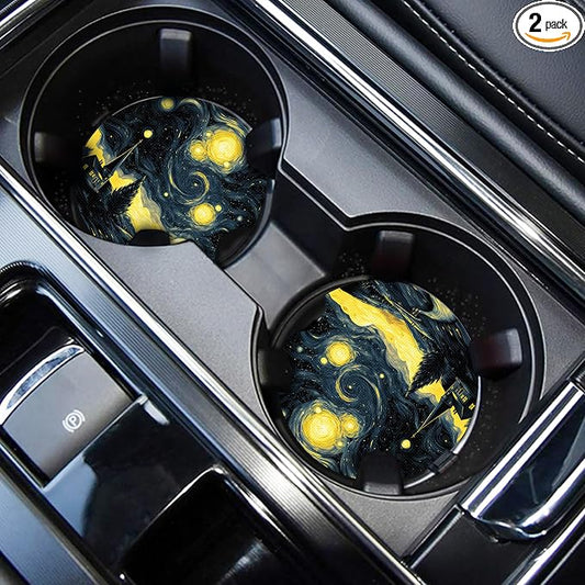 WOCOCN Cute Cup Holder Coasters for Your Car with Fingertip Grip, Auto Accessories for Women & Men,Pack of 2 (Starry Sky)