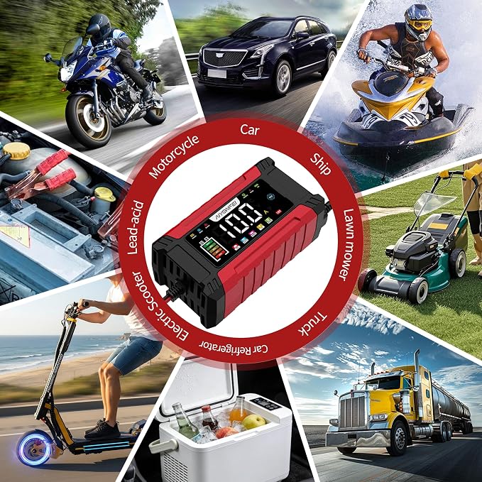12V 10-Amp Battery Charger, 9 Stage Smart Trickle Charger Maintainer Red | Battery Desulfator, Memory Function, LED Screen, Temperature Compensation, for Car Truck Motorcycle Boat LiFePO4 Lead Acid