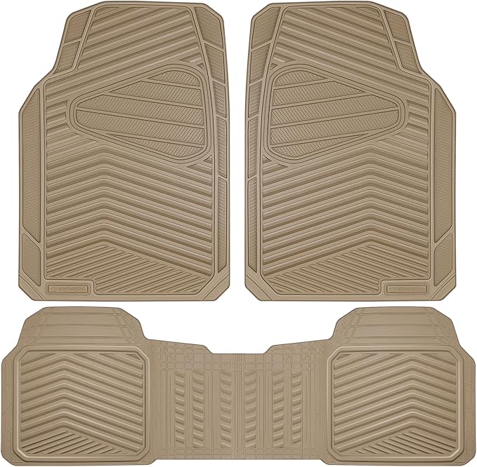 CAR PASS Rubber Car Mats, Waterproof Car Floor Mats All Weather Car Mat Full Set 3 Piece, Tan Automotive Floor Mat Trim to Fit for Cars Sedan SUVs Trucks, Anti-Slip Easy Clean, All Beige