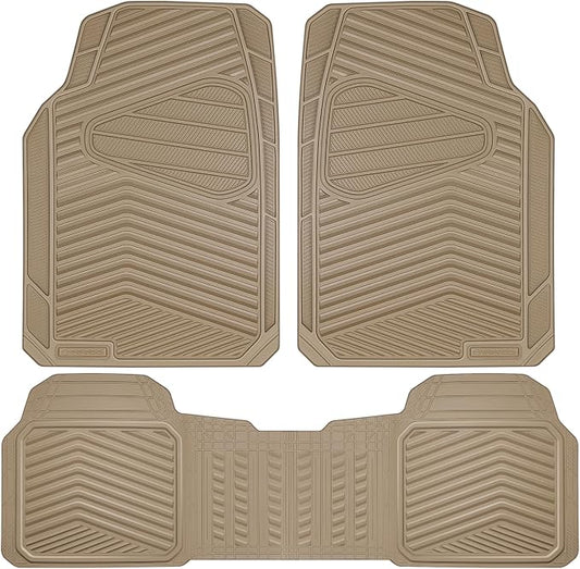 CAR PASS Rubber Car Mats, Waterproof Car Floor Mats All Weather Car Mat Full Set 3 Piece, Tan Automotive Floor Mat Trim to Fit for Cars Sedan SUVs Trucks, Anti-Slip Easy Clean, All Beige