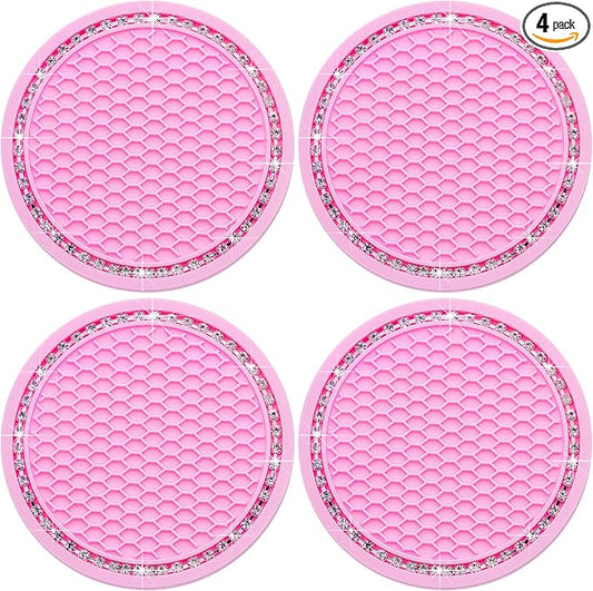 4PCS Bling Cup Holder Coaster, 2.75 Inch Auto Car Cup Holder Insert Coasters, Soft Silicone Anti-Slip Shockproof, Universal Vehicle Interior Accessories for Women Girls (Pink & White)