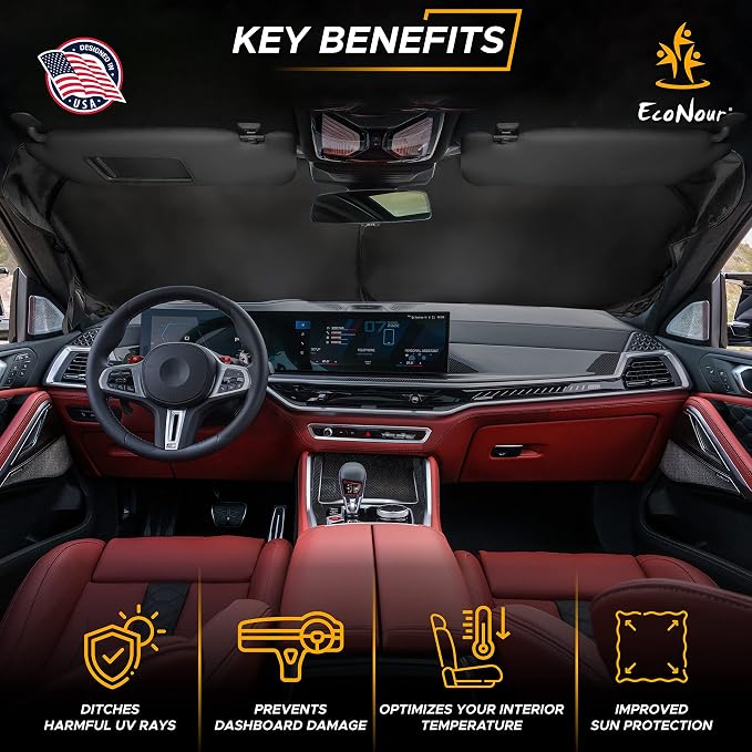 EcoNour 240T Windshield Sun Shade & Window Tint – American Flag & Bald Eagle – UV & Heat Protection for Cars, Interior Cool Trucks, SUVs – Foldable Reflective Sun Visor (64" x 34")