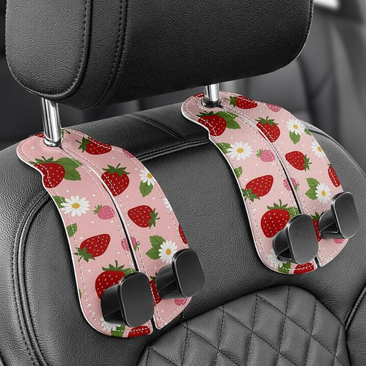 WOCOCN Purse Holder for Car, 2 Pack Heavy Duty Purse Hanger for Car, PU Leather Car Seat Hooks for Purses and Bags, Cute Strawberry Headrest Organizer for Handbags & Backpacks