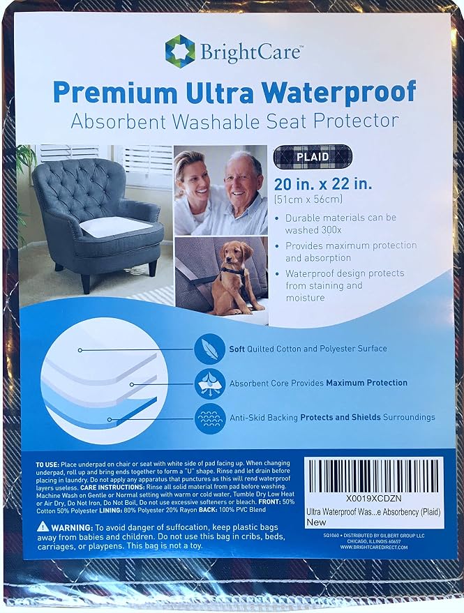 Waterproof Seat Pad, 20x22 Inch, Plaid | Washable, For Incontinence, Seniors, Adult, Children, or Pet, Triple Layer Chair Cover Protector, 24 Ounce Absorbency