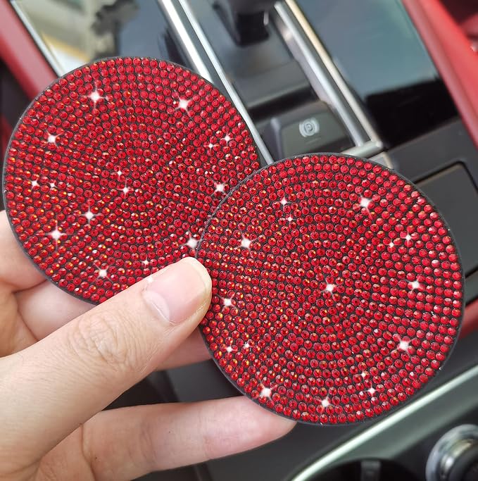 NBTEPEM 2pcs Bling Car Cup Holder Coaster, 2.75 inch Anti-Slip Shockproof Universal Fashion Car Coasters Insert Bling Crystal Rhinestone Automotive Interior Accessories for Women (2 pcs, Red)