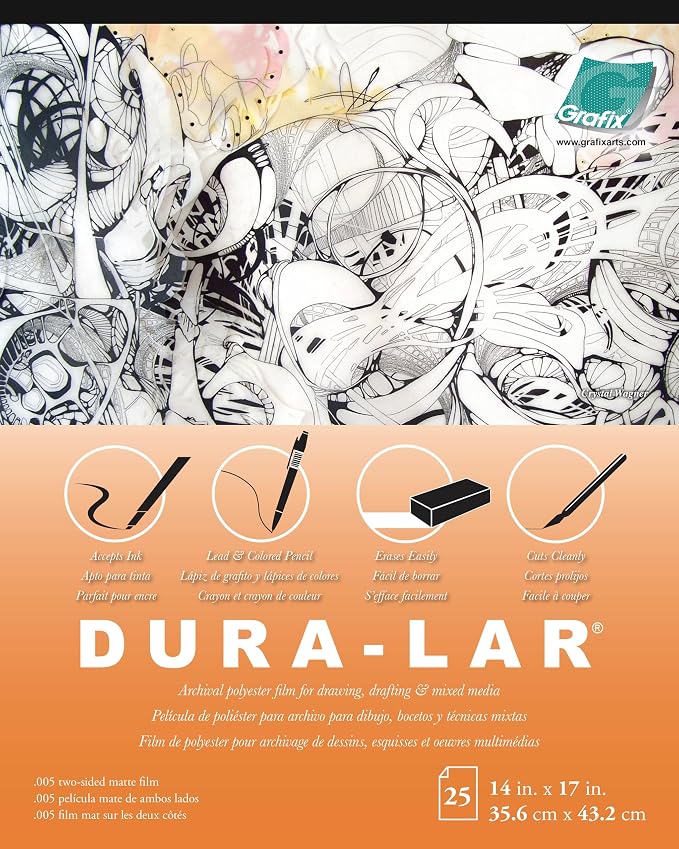 Grafix Dura-Lar 0.005" Film, Matte, Translucent 14"x17", Economical Alternative to Drafting Film, Mylar and Acetate, Translucent Drawing Surface for Lead, Ink, Charcoal and Paint, Pad of 25 Sheets
