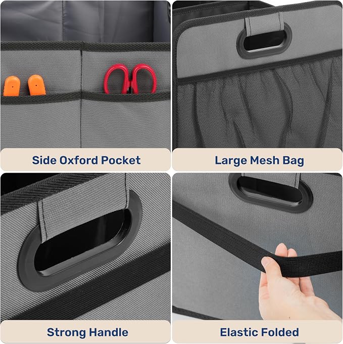YSSOA Trunk Organizer for Car/SUV/Truck, Collapsible 2 Compartment Automotive Storage Box, 600D Waterproof Oxford Polyester 50L Travel Accessories, Anti-slip & Leak-proof, Grey