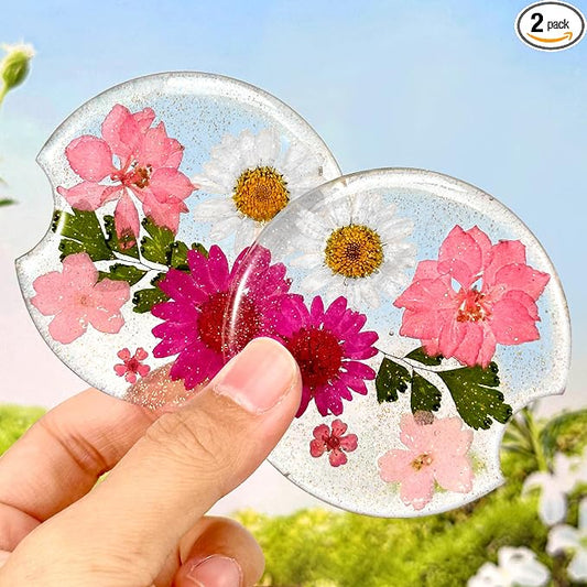 Swooflia Flower Car Cup Holder Coasters for Women - 2.75 Inch Cute Resin Clear Automotive Drink Cupholder Insert Car Accessories 2 Pack Pink